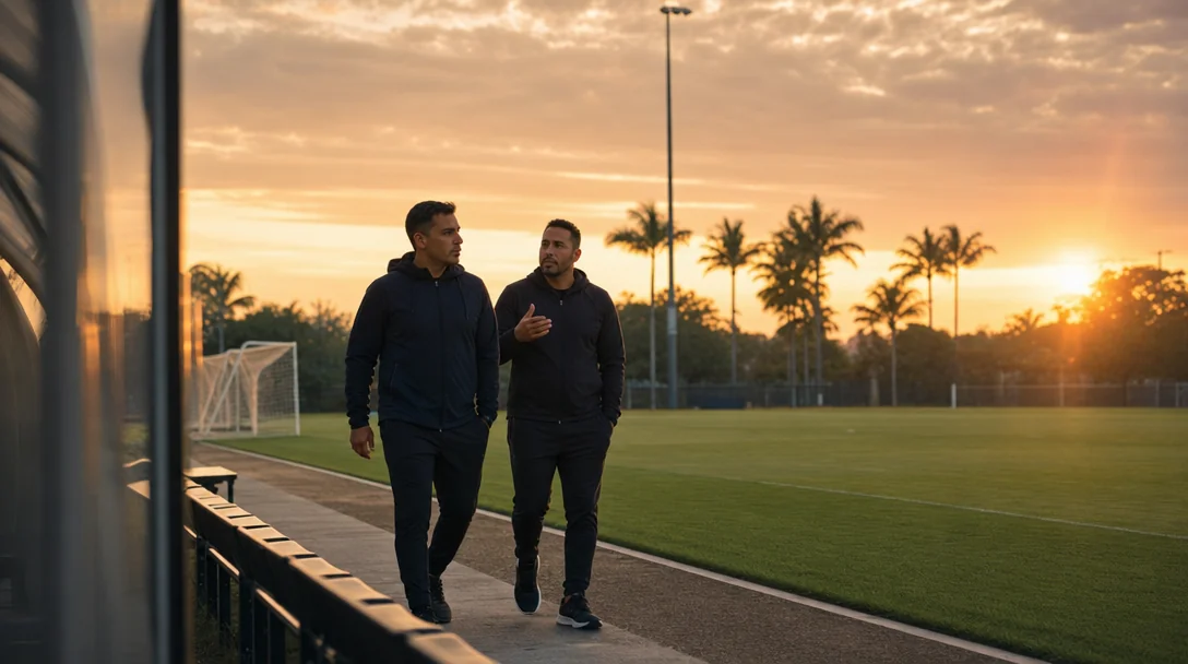 Two coaches walking the edge of a South Florida pitch at golden hour