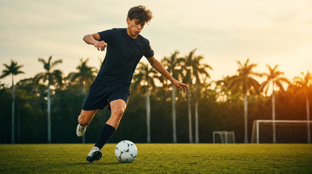 A youth soccer player executing a controlled first-touch at golden hour on a South Florida pitch