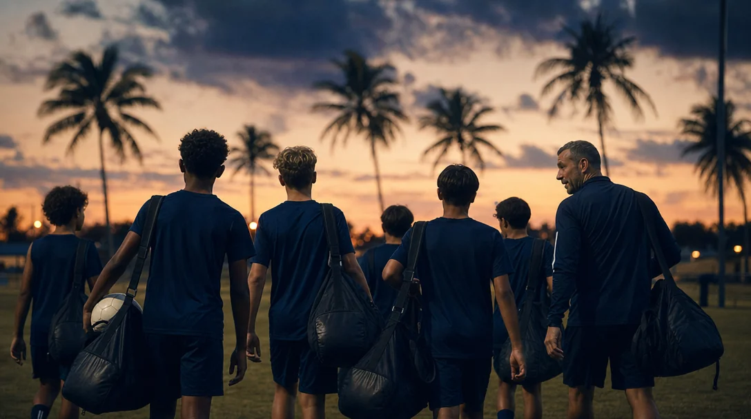 Youth soccer players walking off a South Florida pitch at dusk