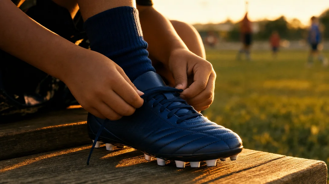 A child's hands lacing brand-new soccer cleats at the edge of a South Florida pitch