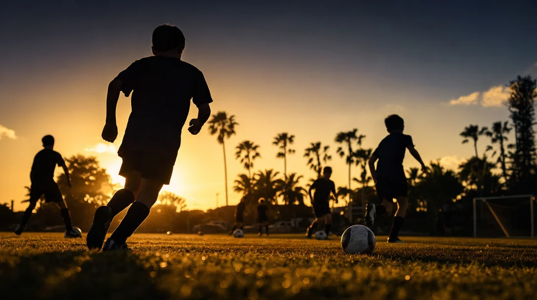Youth soccer practice at golden hour on a South Florida park field