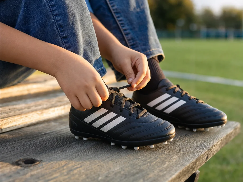 A child lacing brand-new soccer cleats on a bench at the edge of a public soccer field